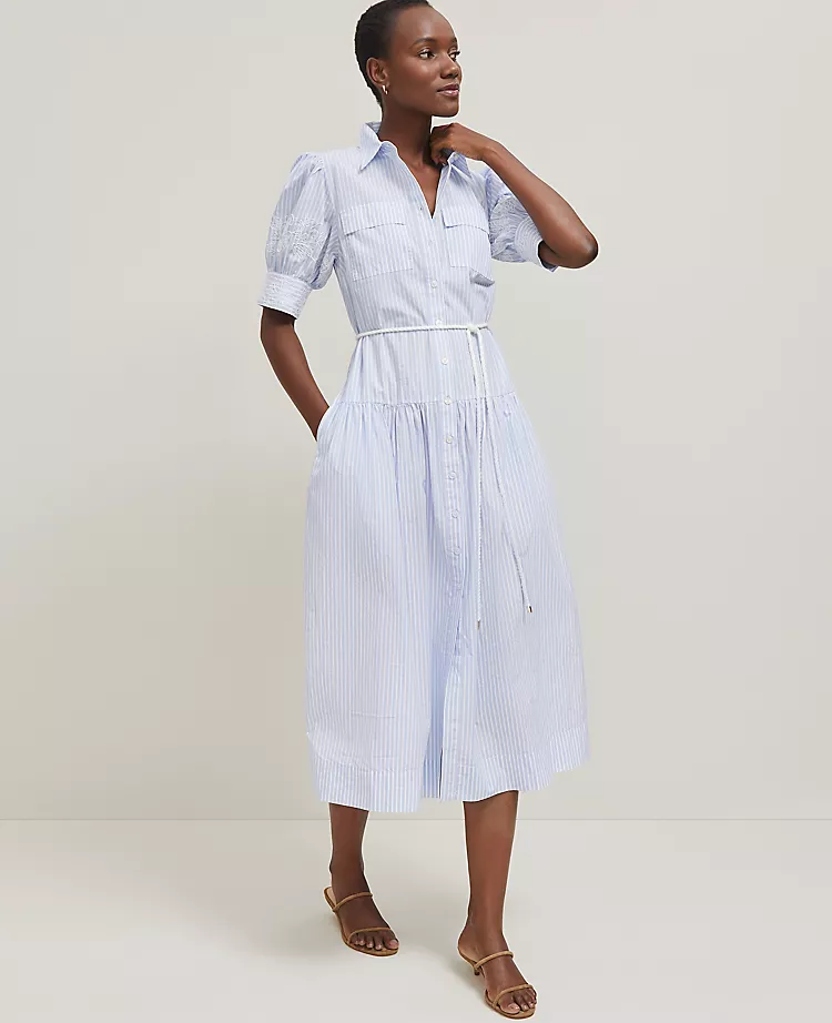 Embroidered Trim Striped Shirtdress