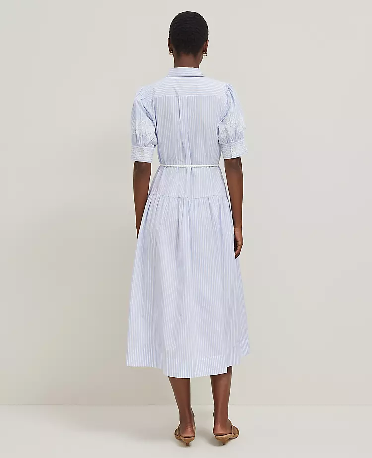 Embroidered Trim Striped Shirtdress