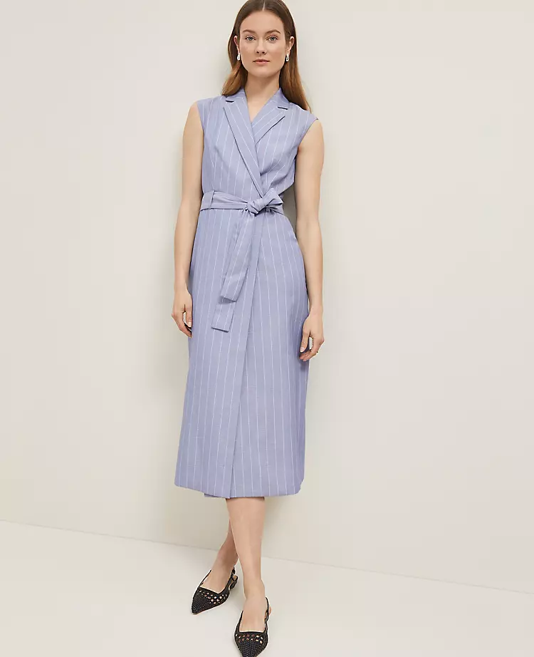 The Belted Blazer Wrap Dress in Pinstripe