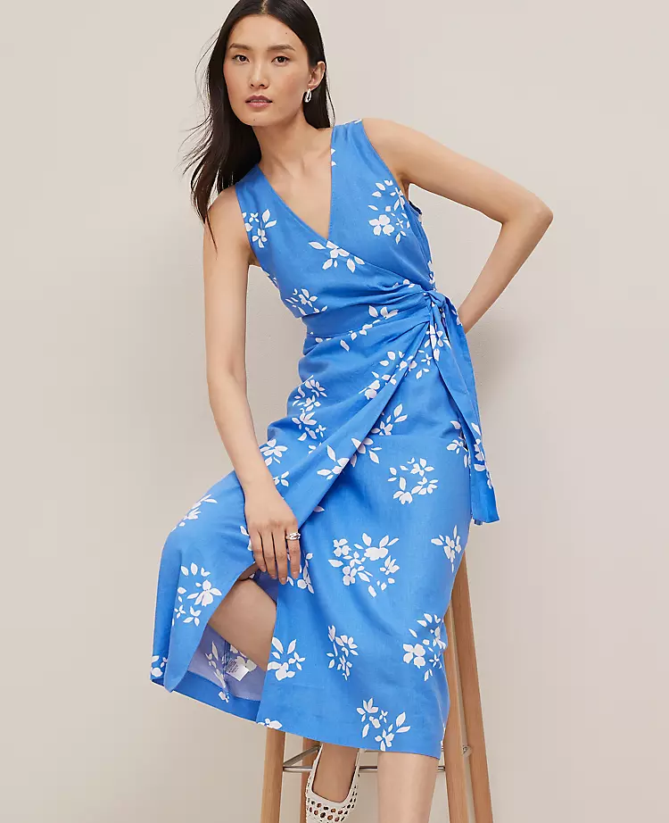 Floral Linen Blend V-Neck Wrap Dress