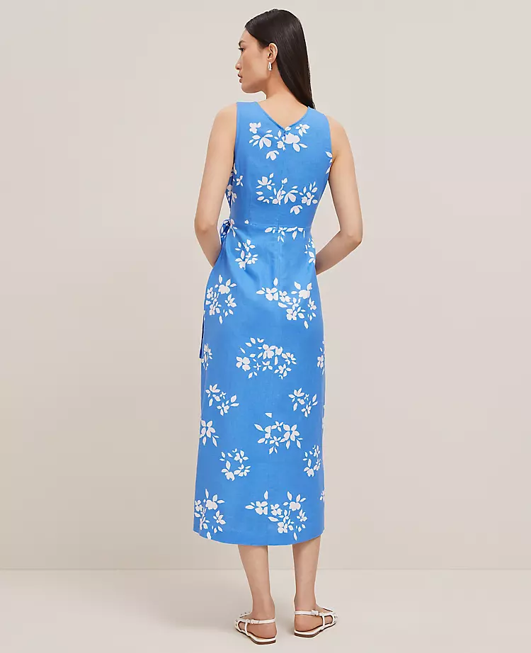 Floral Linen Blend V-Neck Wrap Dress