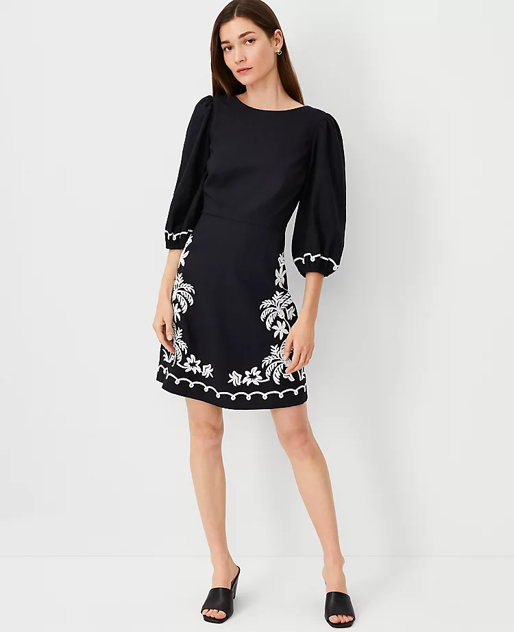 Petite Embroidered Linen Blend Open Back Flare Dress