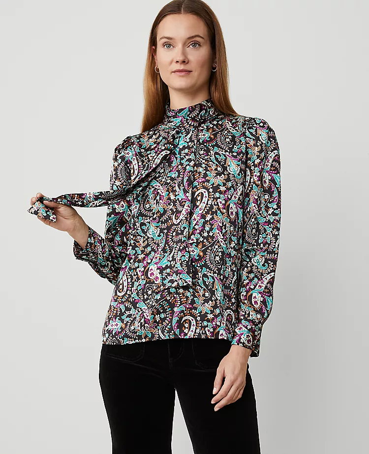 Petite Paisley Mock Tie Neck Puff Sleeve Top