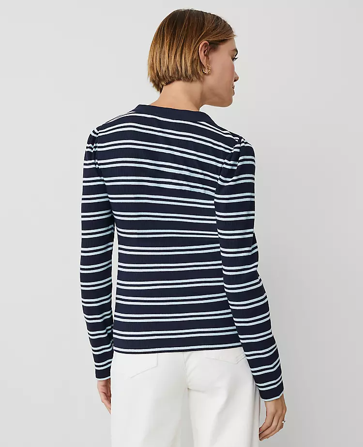 Petite Weekend Collection Striped Puff Sleeve Henley Top