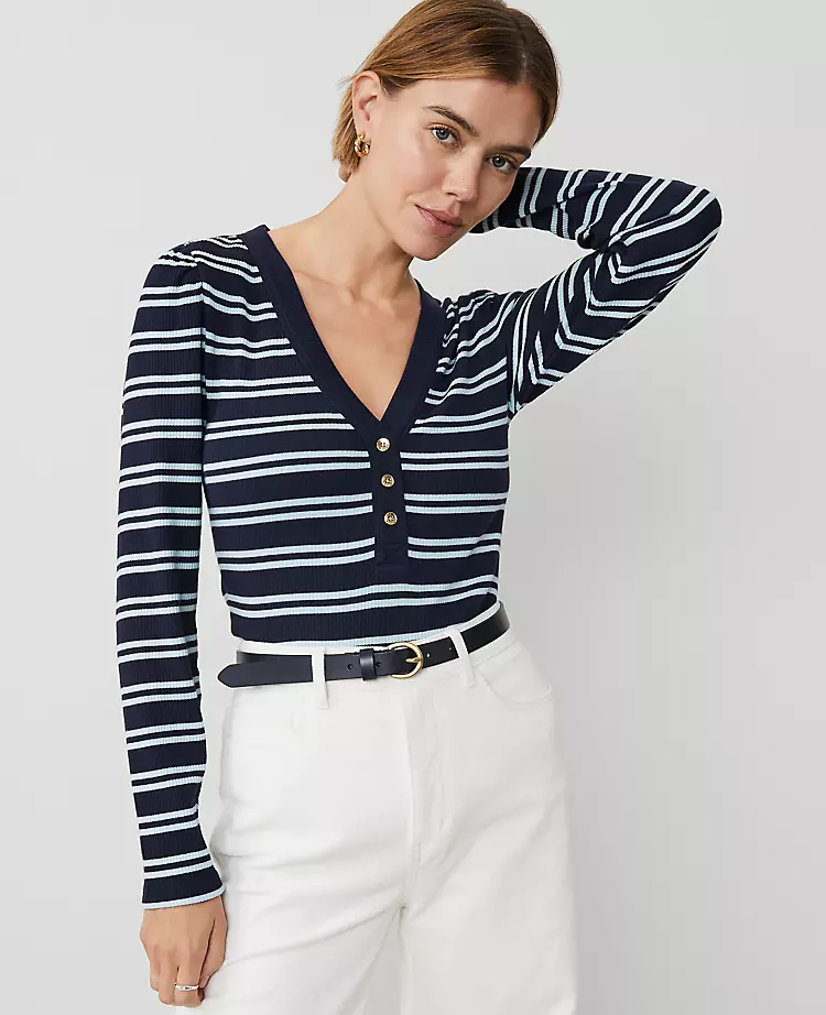 3531-Weekend-Collection-Striped-Puff-Sleeve-Henley-Top-1.webp Weekend Collection Striped Puff Sleeve Henley Top