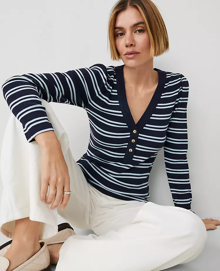 3531-Weekend-Collection-Striped-Puff-Sleeve-Henley-Top-3.webp Weekend Collection Striped Puff Sleeve Henley Top