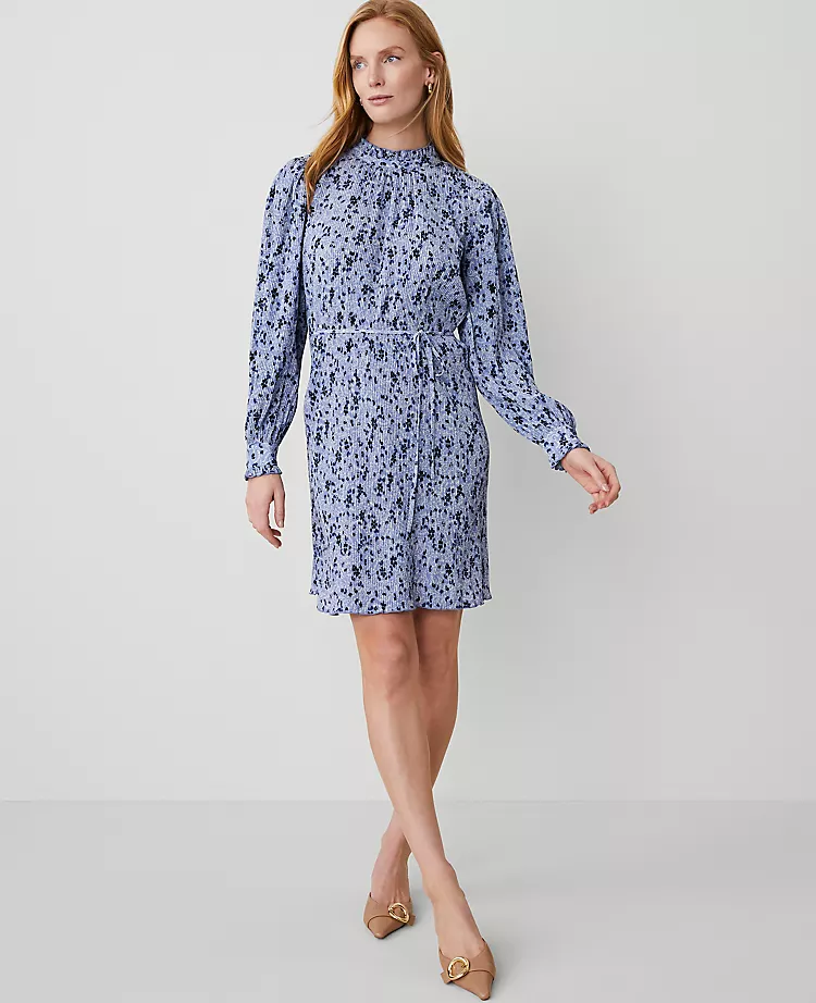 Floral Plisse Belted Shift Dress