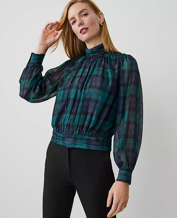 Petite Tartan Shirred Mock Neck Popover