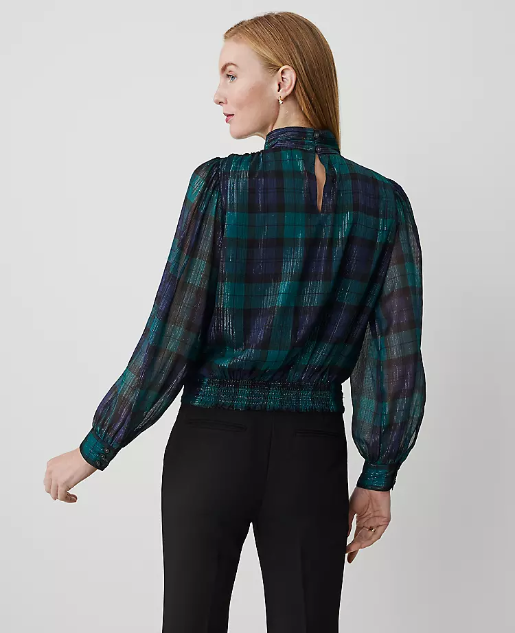 Petite Tartan Shirred Mock Neck Popover