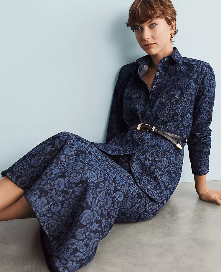 Petite Floral Flared Denim Shirt