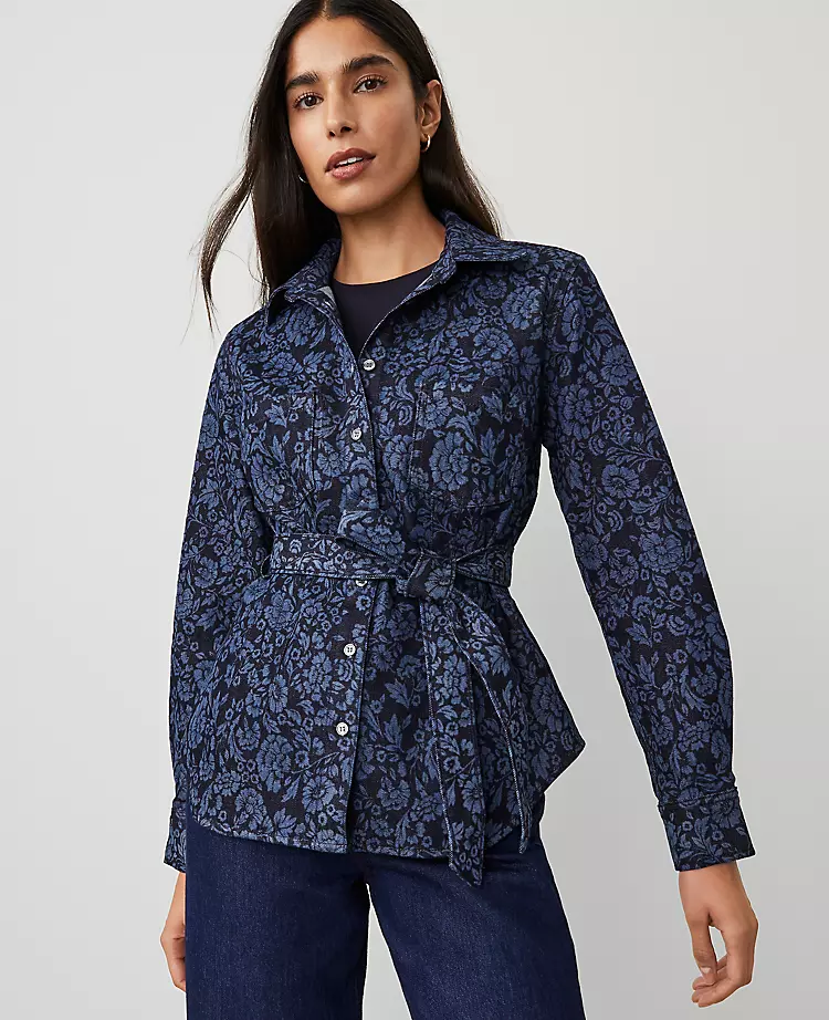 Petite Floral Flared Denim Shirt