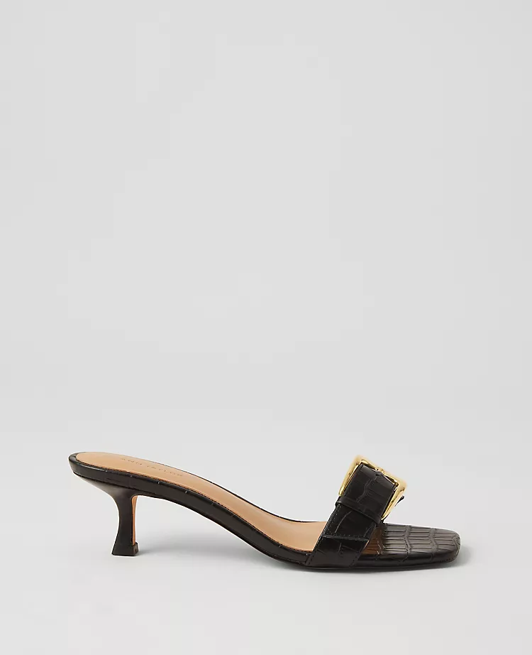 Chunky Buckle Embossed Kitten Heel Sandals
