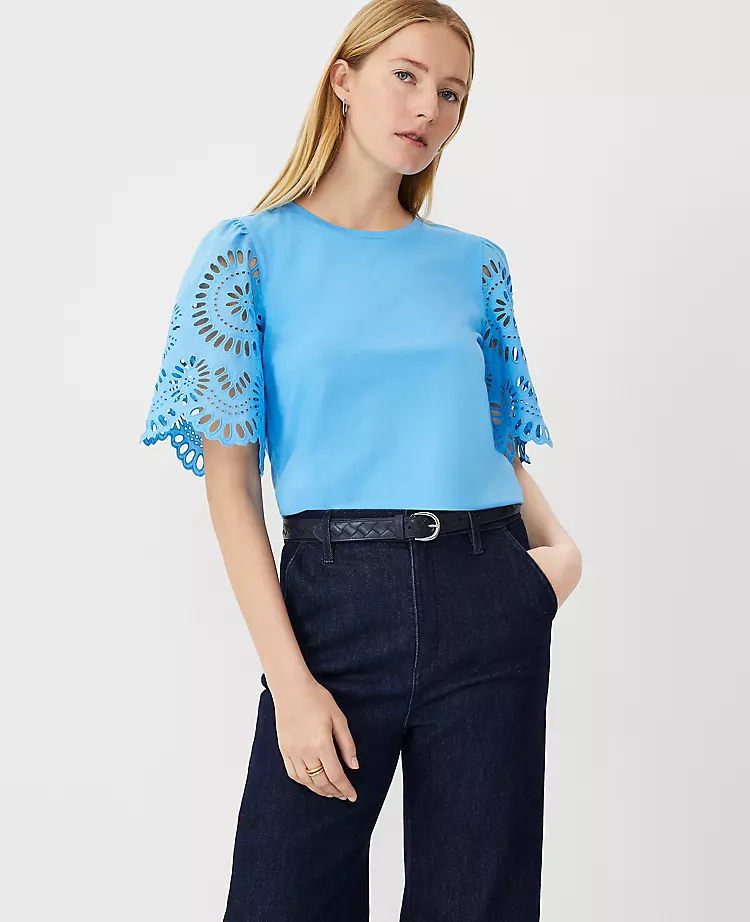 Petite Eyelet Sleeve Pima Cotton Tee