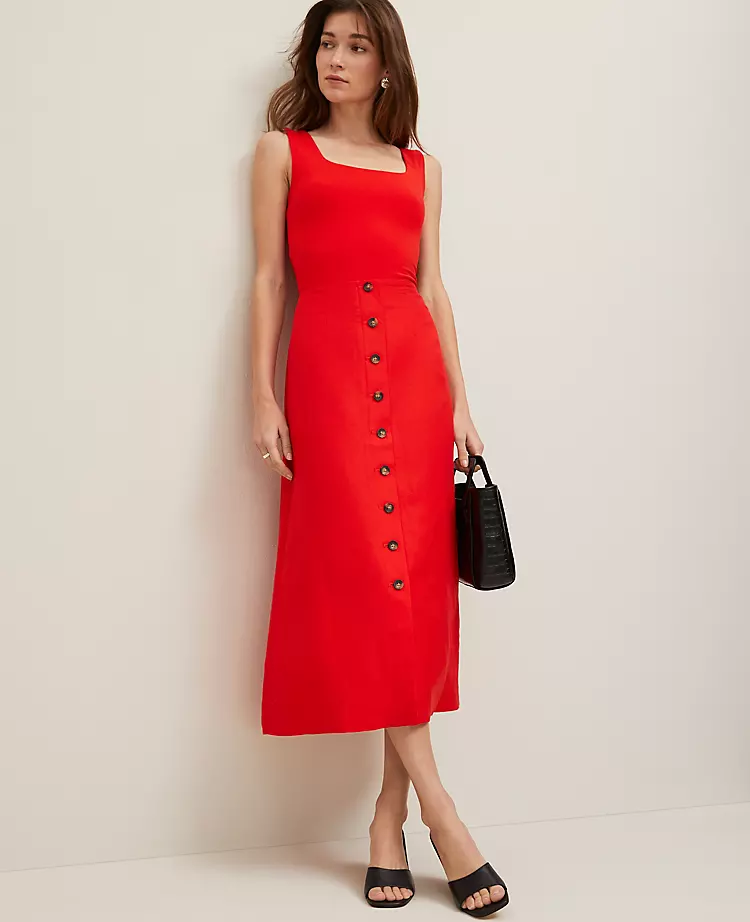 Linen Blend Button Front Skirt