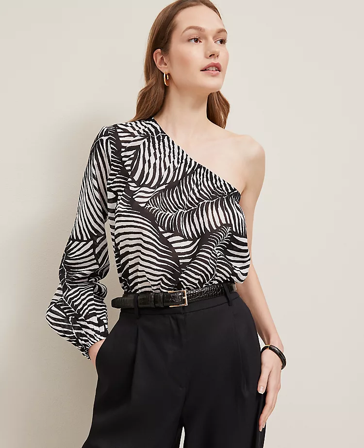 One-Shoulder Blouse in Palm Print