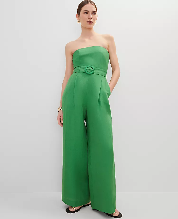 Belted Strapless Linen Blend Jumpsuit