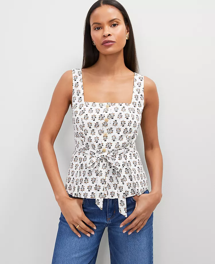 Floral Linen Blend Tie Waist Top