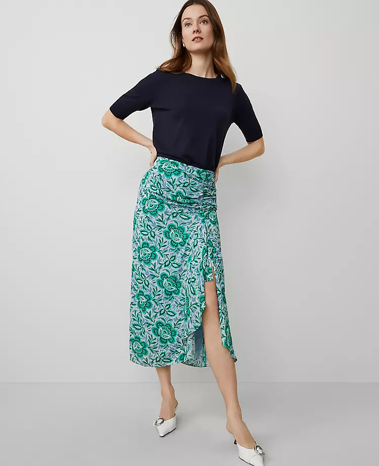 Petite Floral Ruched Midi Skirt