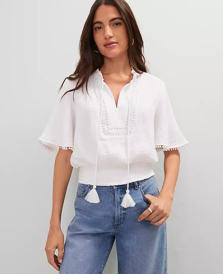 Weekend Collection Linen Blend Tie Neck Blouse