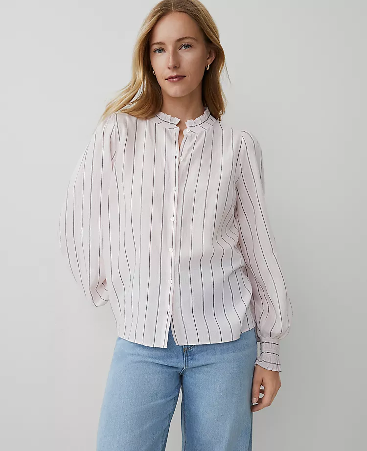 Striped Cutout Smocked Cuff Blouse
