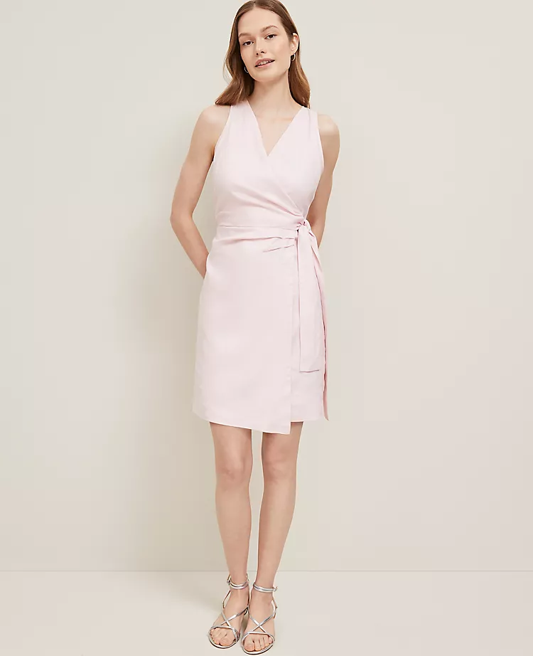 Linen Blend V-Neck  Wrap Dress