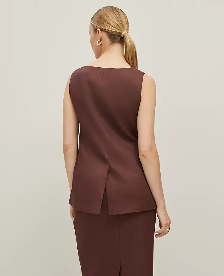 The Petite Long Crew Neck Vest in Linen Blend