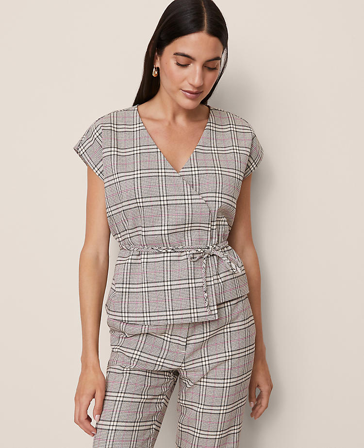 Plaid Wrap Tie Waist Blouse