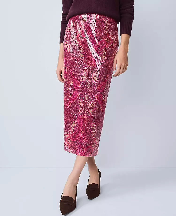 Sequin Paisley Column Midi Skirt