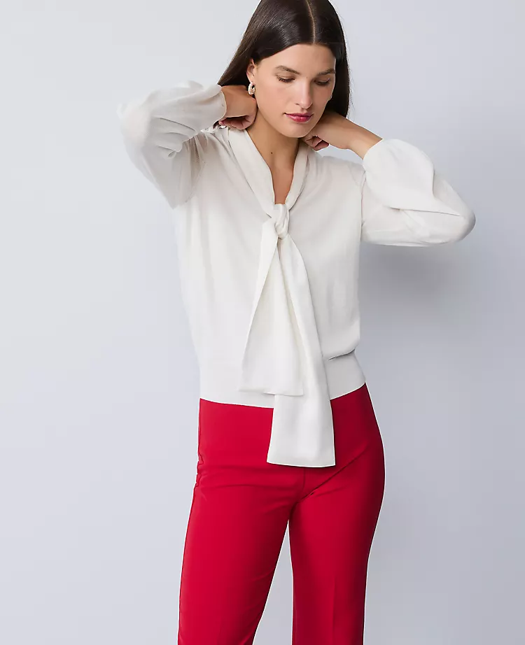 Mixed Media Tie Neck Top