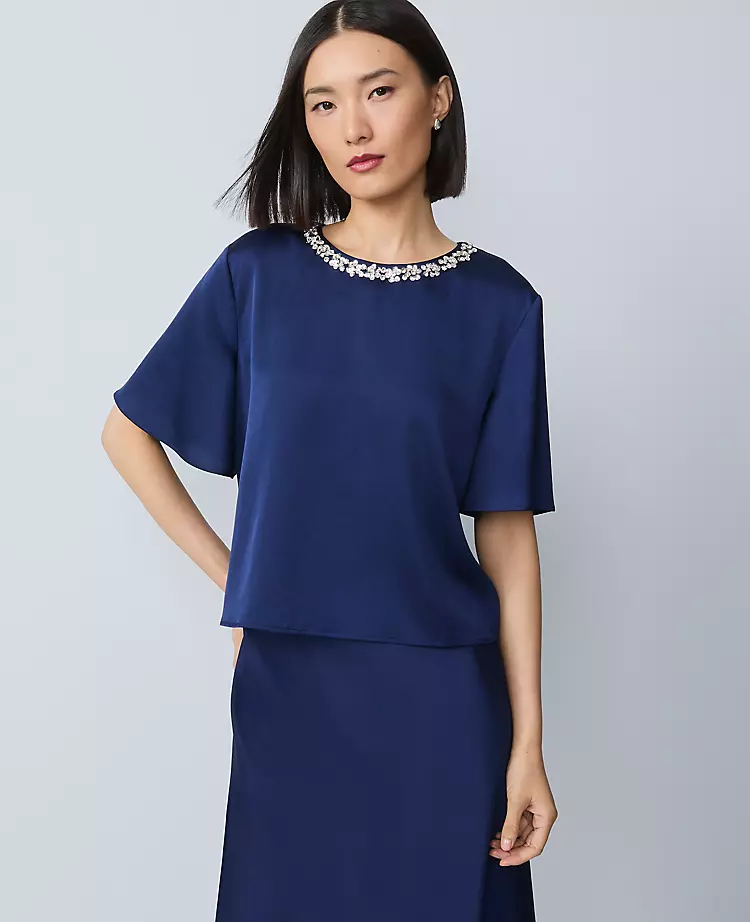 Embellished Trim Satin Top