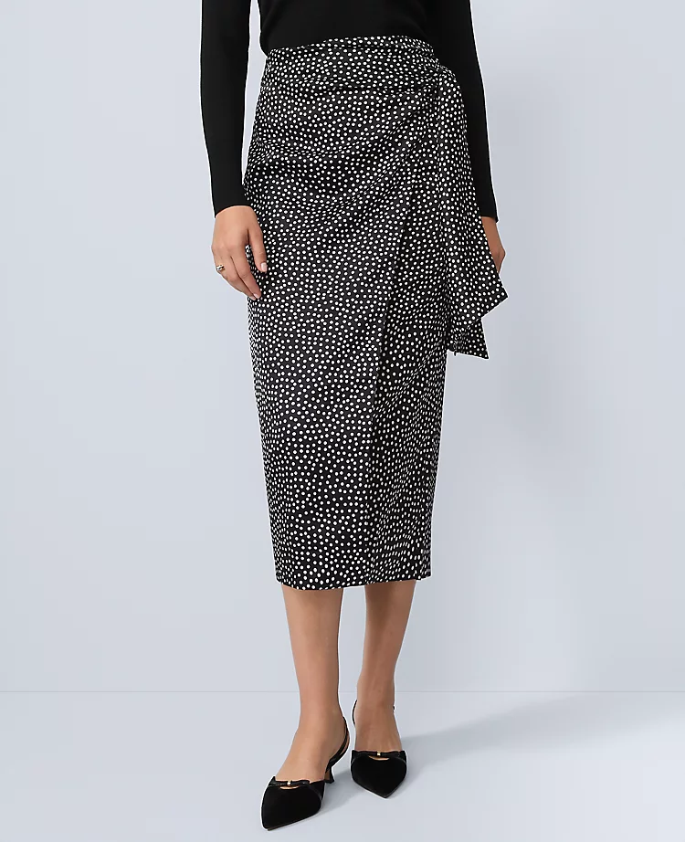 Dotted Side-Tie Satin Midi Skirt