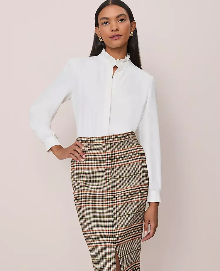 Petite Ruffle Neck Satin Blouse