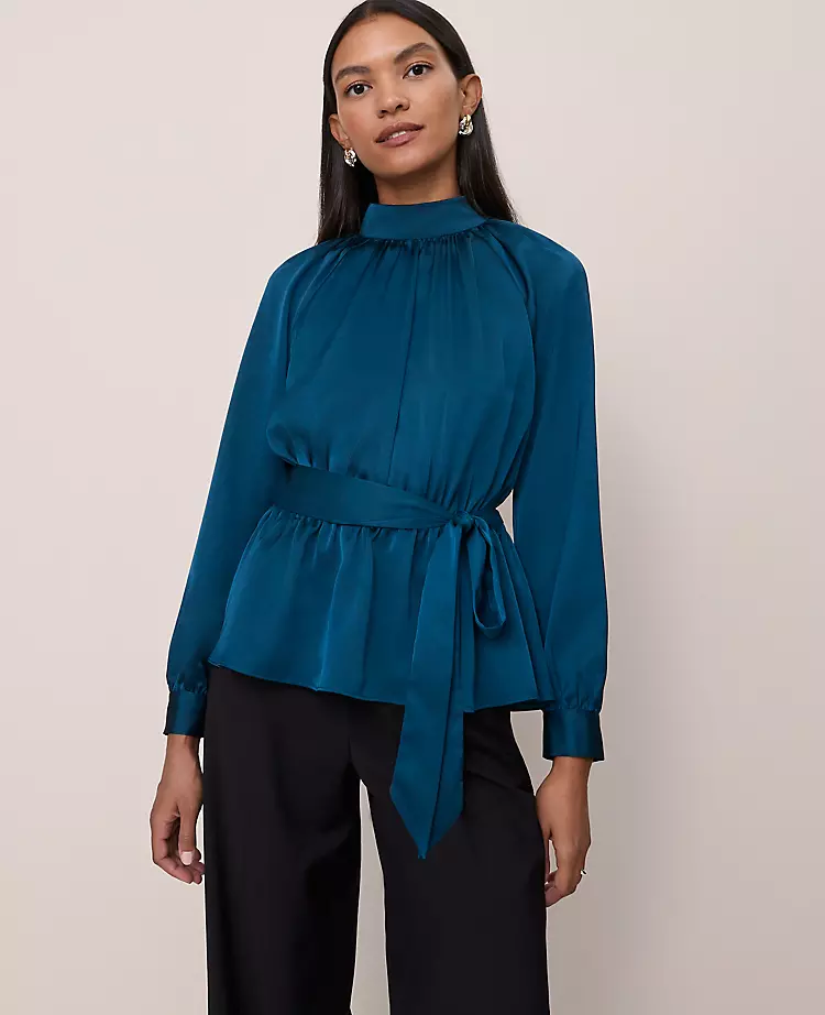 Petite Satin Tie Waist Blouse