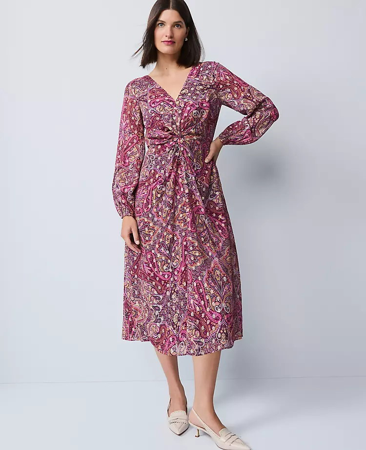 Draped Paisley Midi Dress