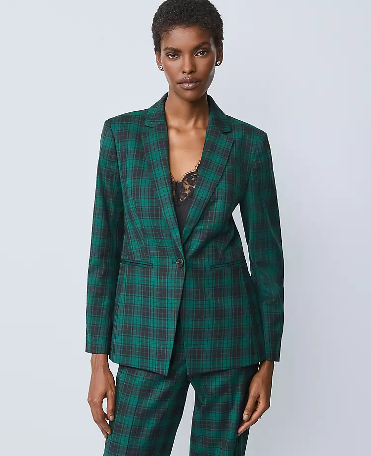 The Petite Notched One Button Blazer in Plaid