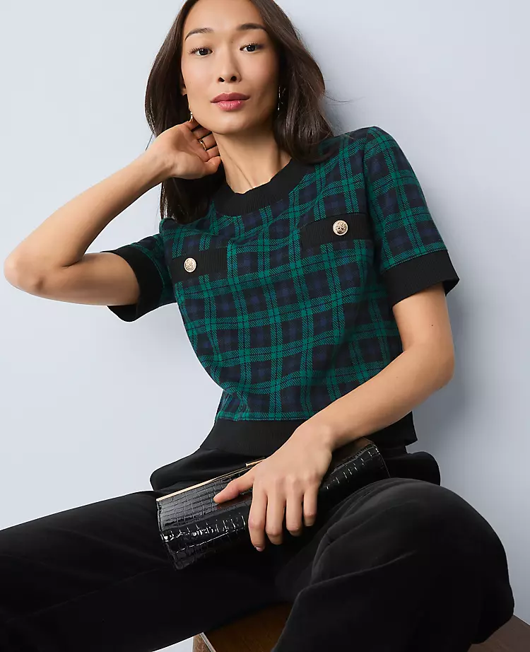 Plaid Sweater Trim Top