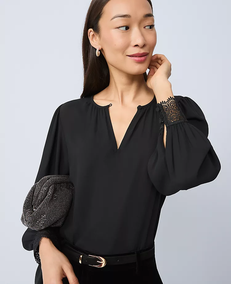 Petite Lace Trim Mixed Media Blouse