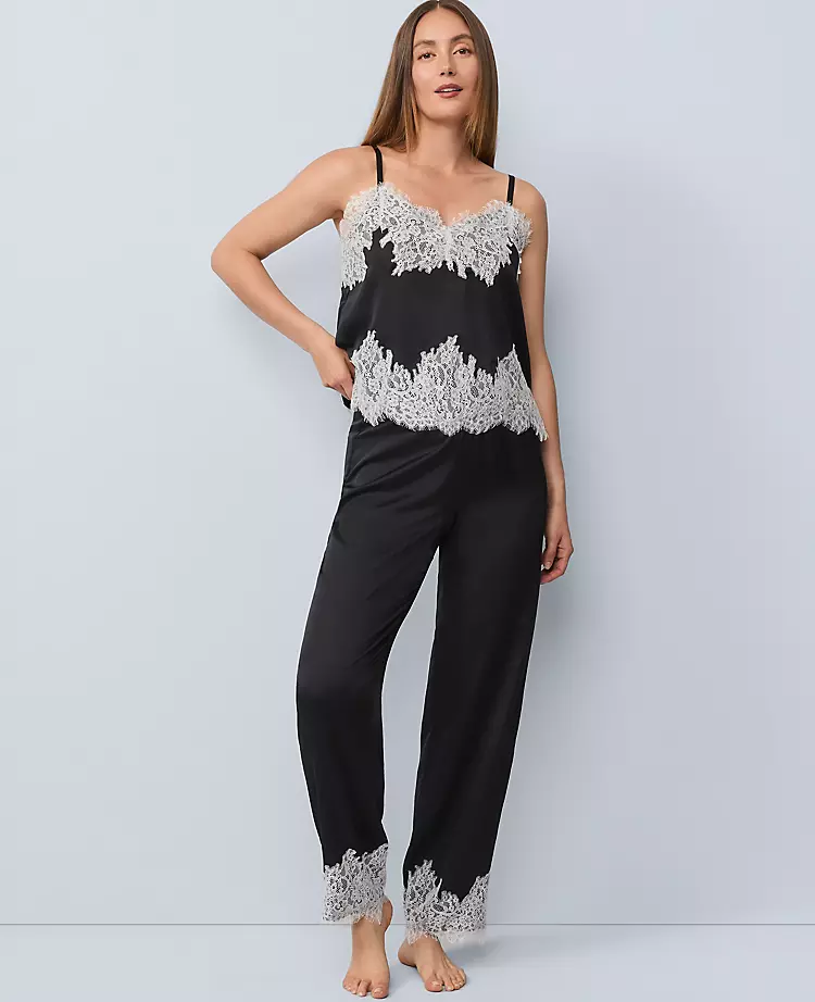 Lace Trim Satin Pajama Set